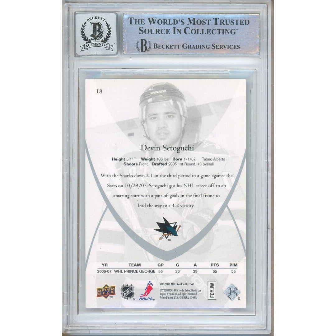 Devin Setoguchi San Jose Sharks Signed 2007-08 Upper Deck Rookie Class Card BGS Auto 10
