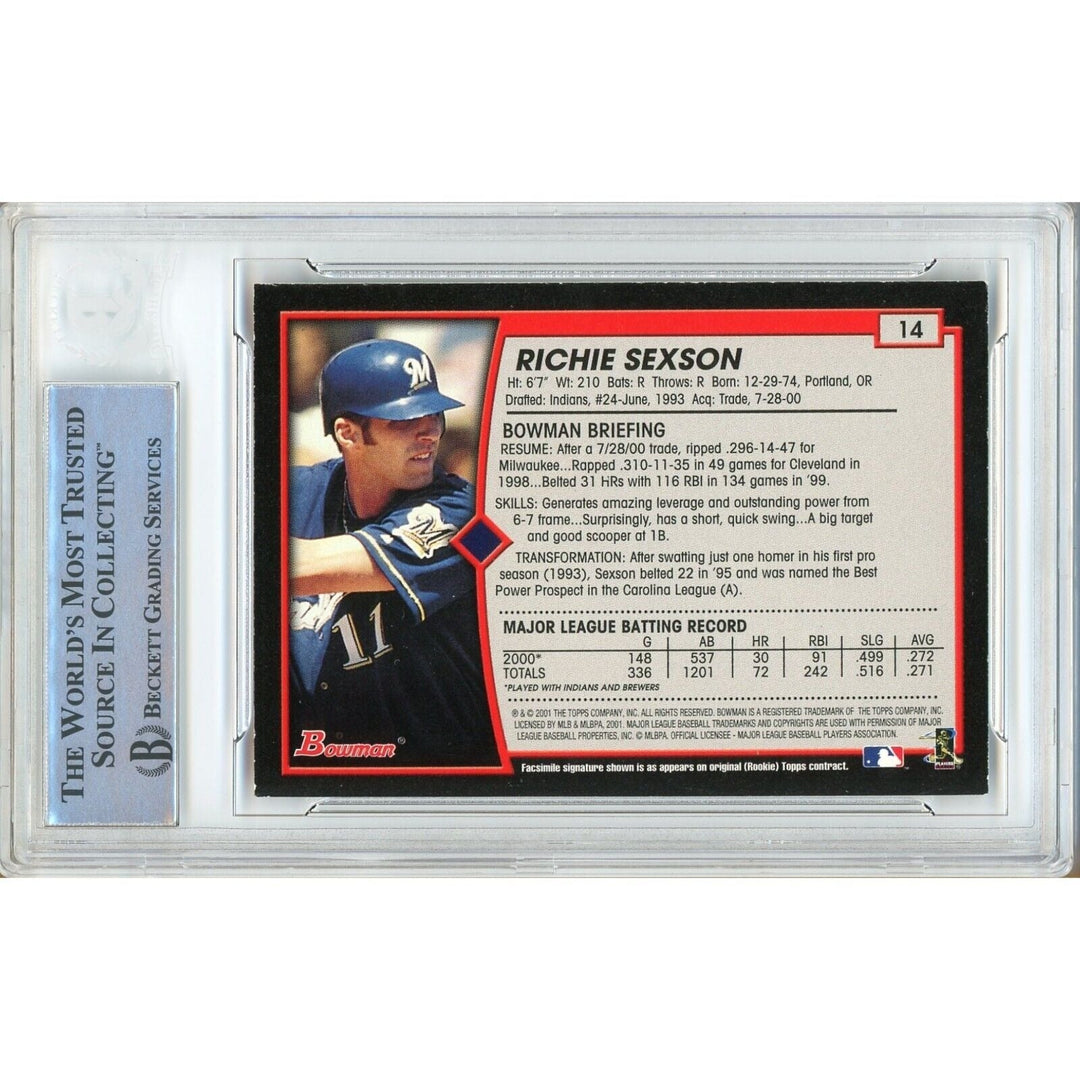 Baseballs- Autographed- Richie Sexson Milwaukee Brewers Signed 2001 Bowman Trading Card Beckett Authentic Auto Slab Back