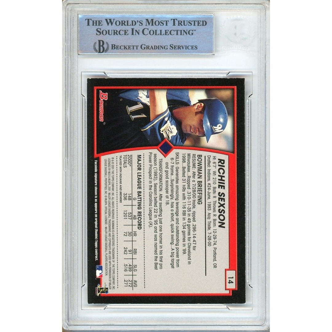 Baseballs- Autographed- Richie Sexson Milwaukee Brewers Signed 2001 Bowman Trading Card Beckett Authenticated Auto Slab Back