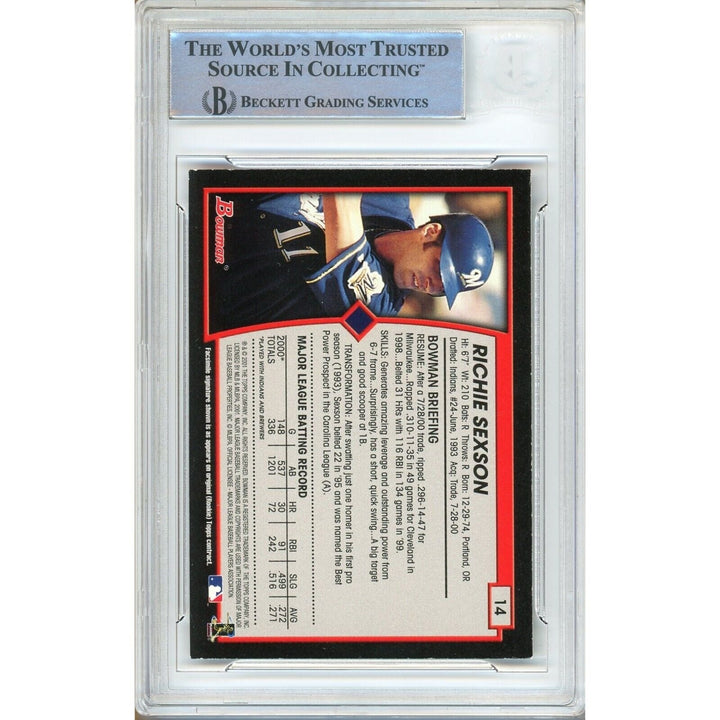 Baseballs- Autographed- Richie Sexson Milwaukee Brewers Signed 2001 Bowman Trading Card Beckett Authenticated Auto Slab Back