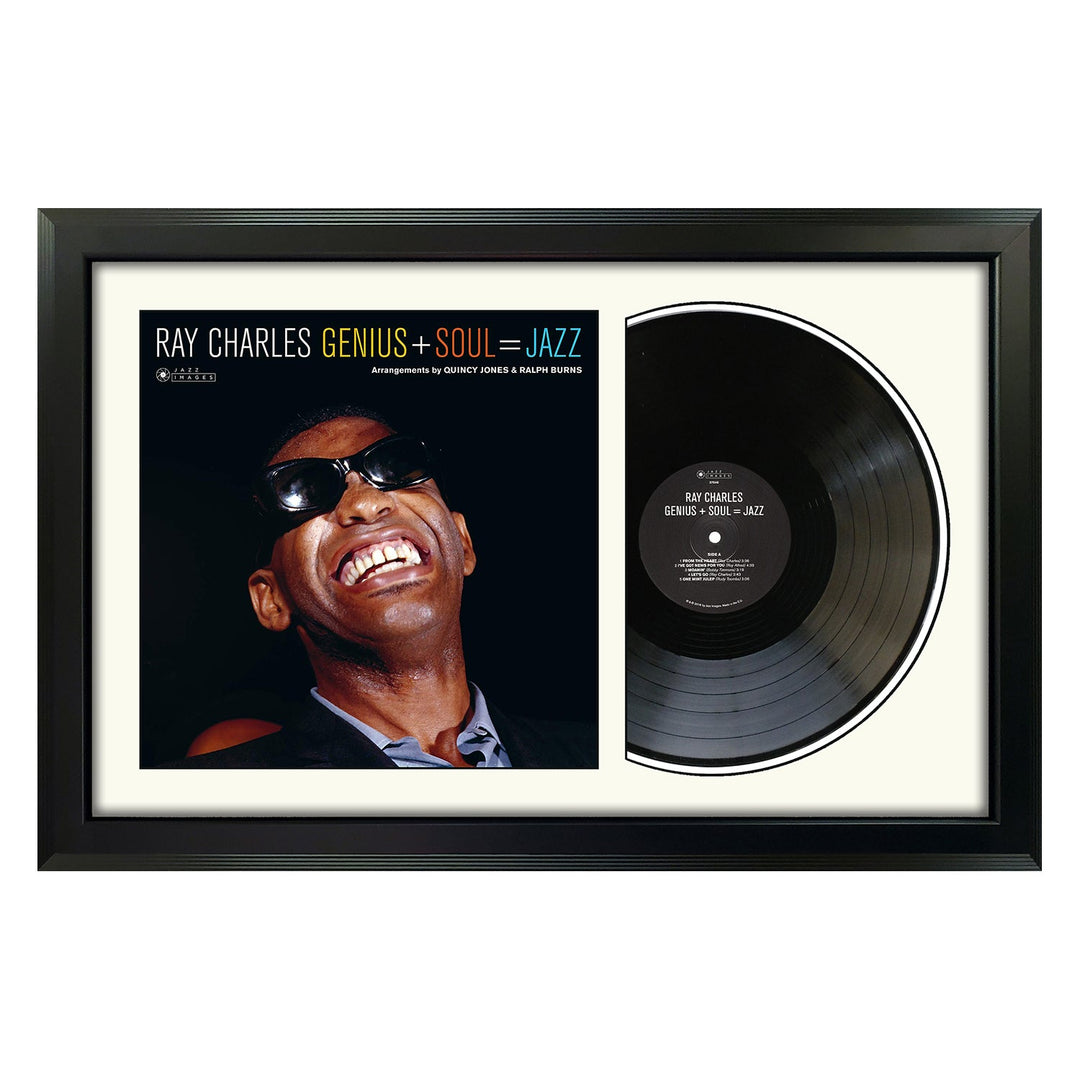 Ray Charles Genius + Soul= Jazz  Genuine Vinyl Record & Cover Professionally Framed Display with a White Mat