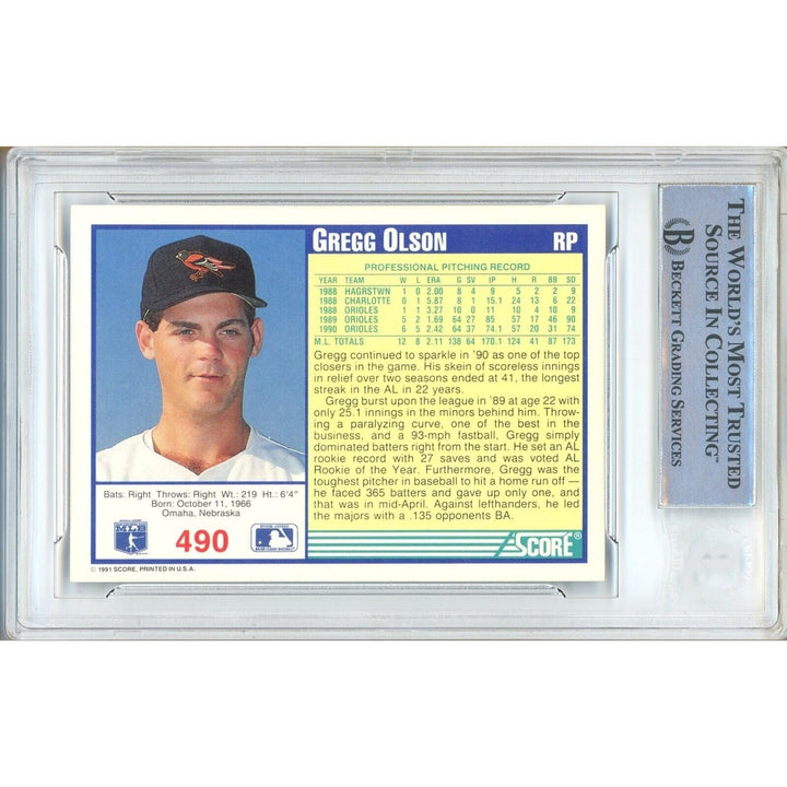 Gregg Olson Baltimore Orioles Signed 1991 Score Baseball Card Beckett Authentic Auto Slab