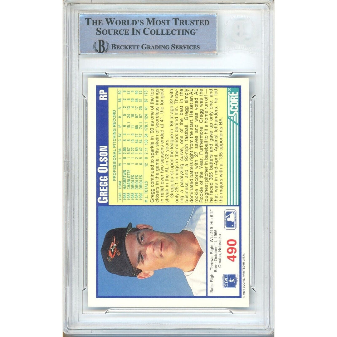 Gregg Olson Baltimore Orioles Signed 1991 Score Baseball Card Beckett Authentic Auto Slab