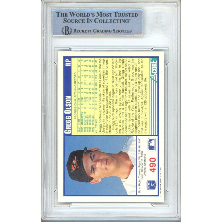 Gregg Olson Baltimore Orioles Signed 1991 Score Baseball Card Beckett Authentic Auto Slab