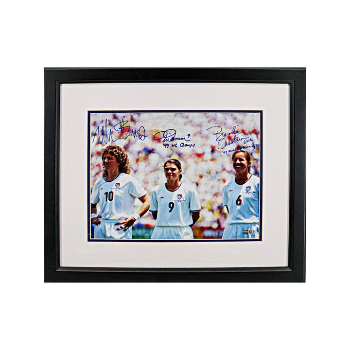 Brandi Chastain, Michelle Akers & Mia Hamm USWNT Triple Signed Autographed Inscribed Framed 11x14 Photo (CX Auth)