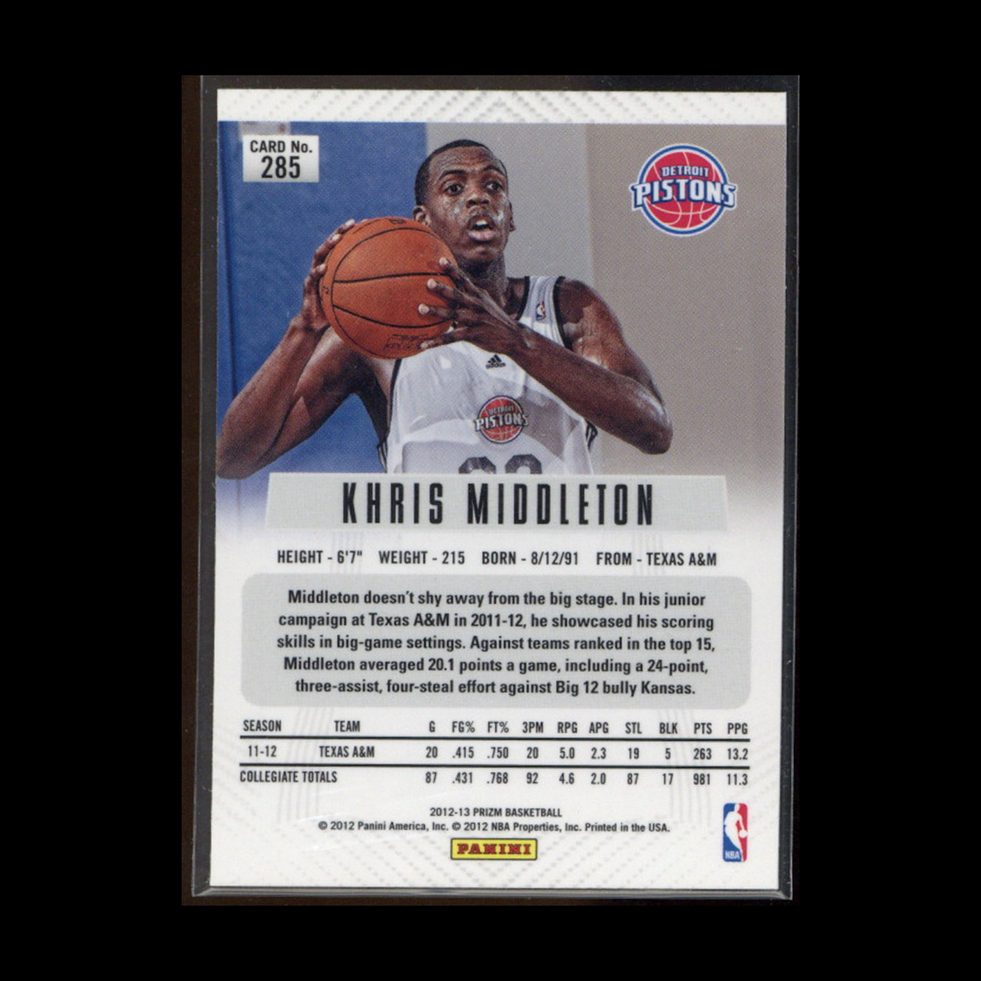 2012-13 Panini Prizm Basketball Base #285: Khris Middleton Base Rookie RC