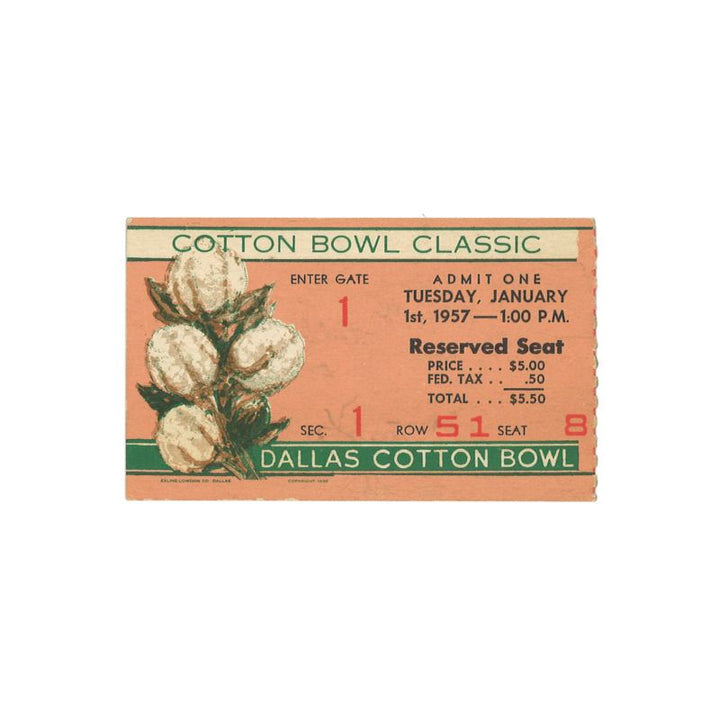 1957 Cotton Bowl Ticket - Jim Brown's Last Game Playing for Syracuse University