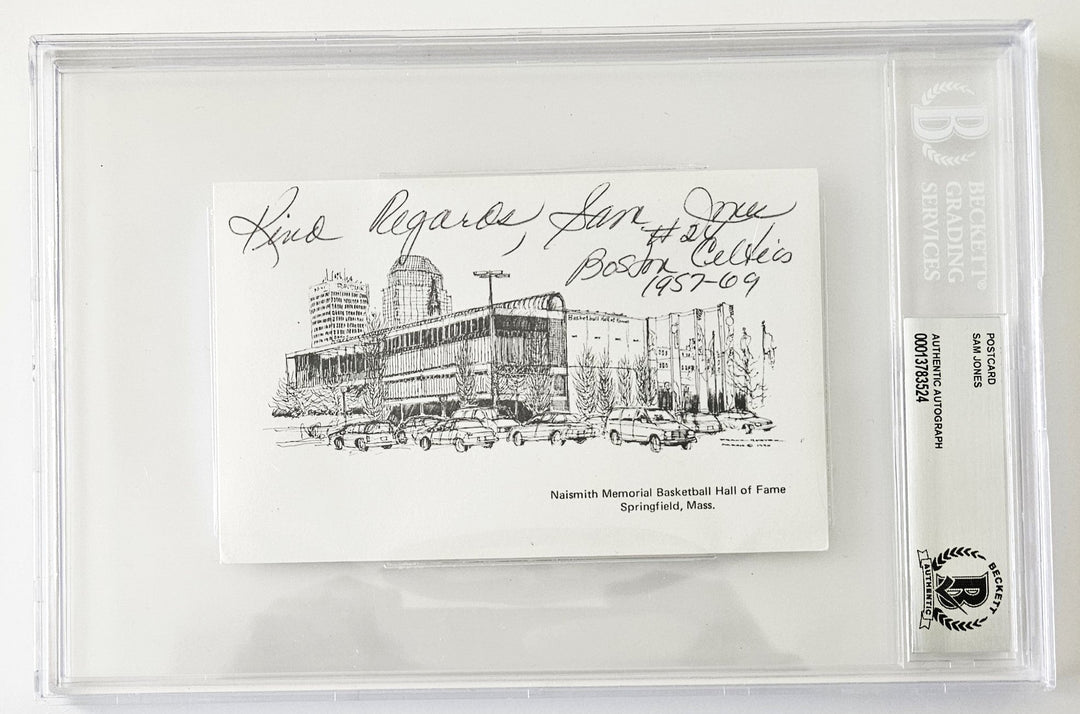 Sam Jones Signed Basketball Hall of Fame Postcard and Inscribed Kind Regards & #24 Boston Celtics 1957-69(Beckett