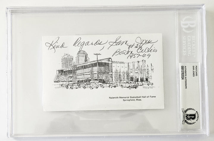 Sam Jones Signed Basketball Hall of Fame Postcard and Inscribed Kind Regards & #24 Boston Celtics 1957-69(Beckett