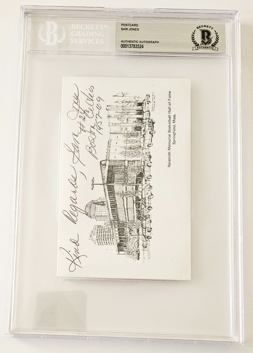 Sam Jones Signed Basketball Hall of Fame Postcard and Inscribed Kind Regards & #24 Boston Celtics 1957-69(Beckett