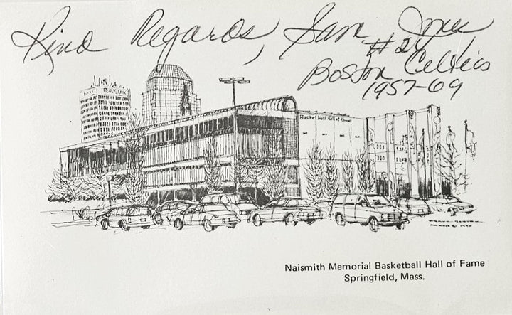 Sam Jones Signed Basketball Hall of Fame Postcard and Inscribed Kind Regards & #24 Boston Celtics 1957-69(Beckett