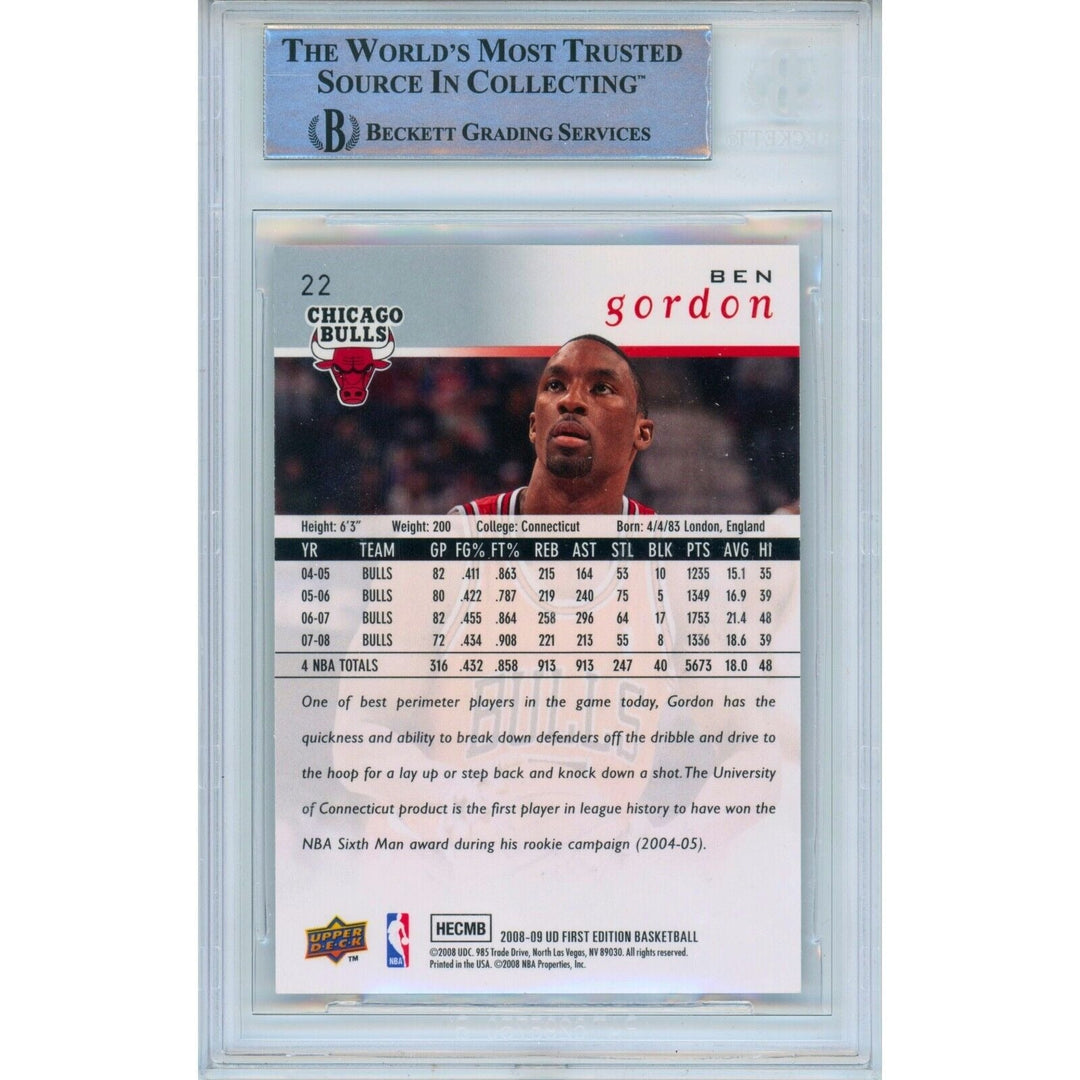 Ben Gordon Chicago Bulls Signed 2008 Upper Deck Basketball Card Beckett Auth Auto Slab