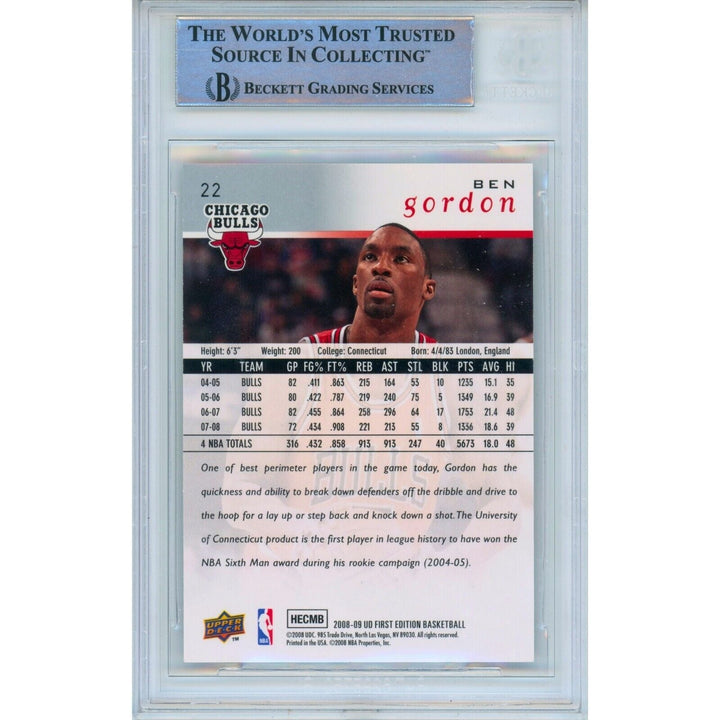 Ben Gordon Chicago Bulls Signed 2008 Upper Deck Basketball Card Beckett Auth Auto Slab