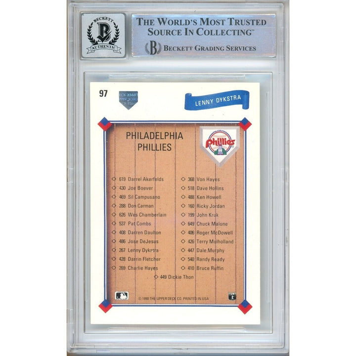 Lenny Dykstra Philadelphia Phillies Signed 1991 Upper Deck Card BGS Auto 10 Graded Slab