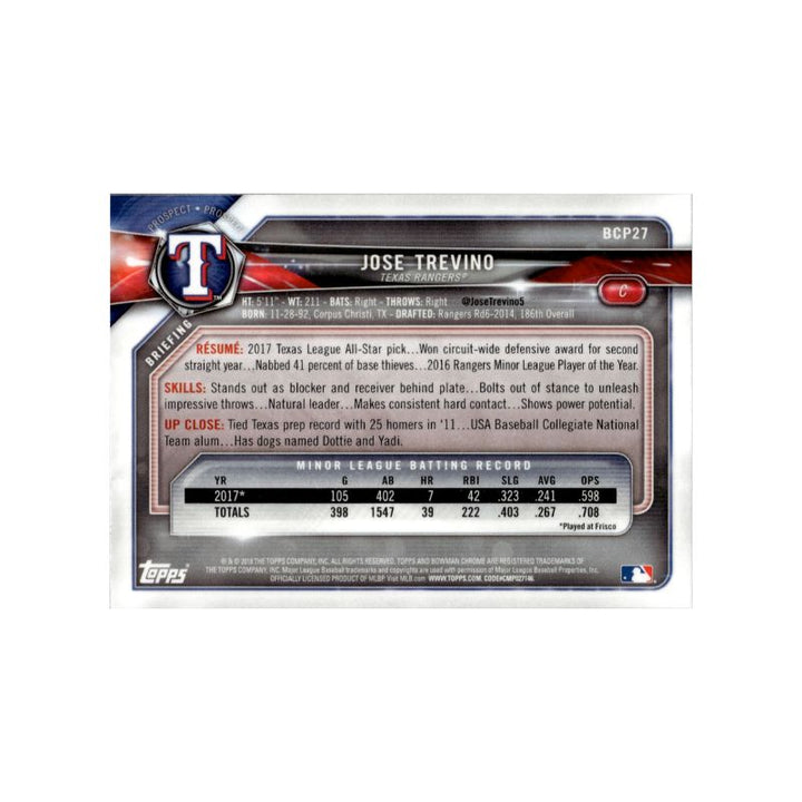 Jose Trevino New York Yankees/Texas Rangers Autographed Signed 2018 Bowman Rookie BCP27 Trading Card (CX Auth)