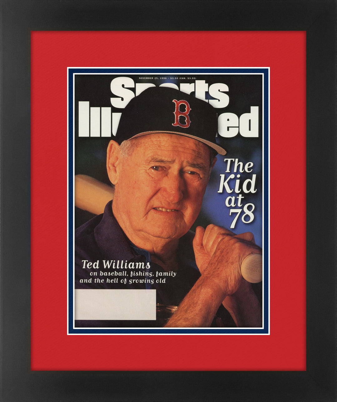 Ted Williams Boston Red Sox and Hall Of Famer Matted and Framed Sports Illustrated Magazine. November 25, 1996 Original Issue