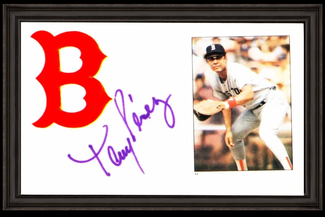 Tony Perez Boston Red Sox and Hall of Famer Signed 3.5 x 5 Index Card with Photo and Red Sox Logo in a Black Frame (PSA)