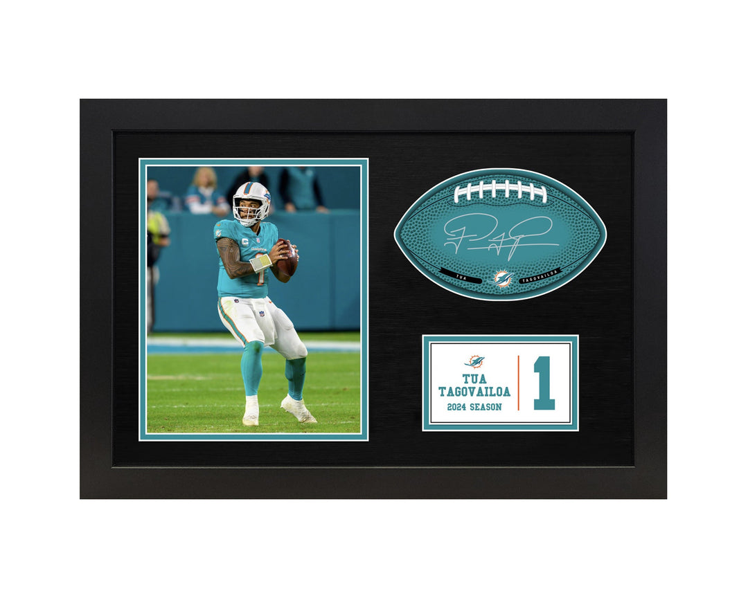 Tua Tagovailoa MIami Dolphins Signable With Players Facsimile Signature and Photo Display in a 15H x 22W x 0.75D High Quality Black Fram