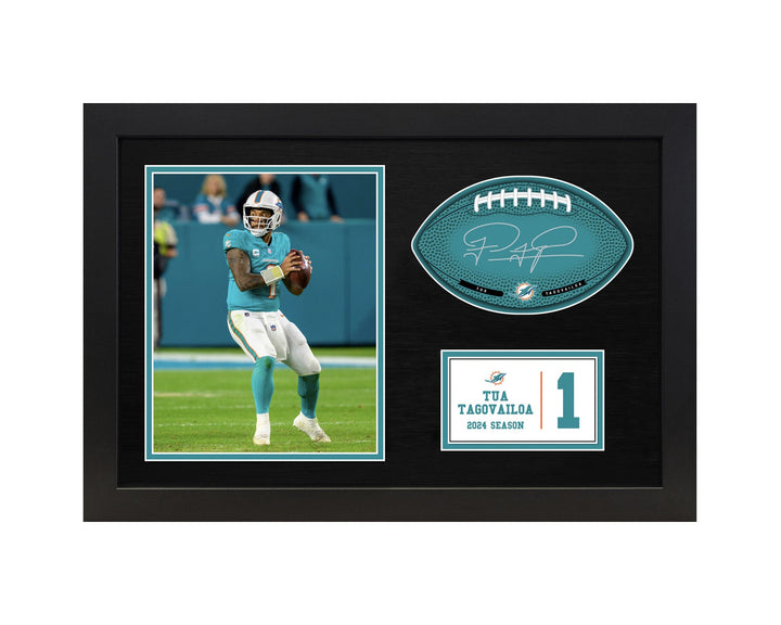 Tua Tagovailoa MIami Dolphins Signable With Players Facsimile Signature and Photo Display in a 15H x 22W x 0.75D High Quality Black Fram