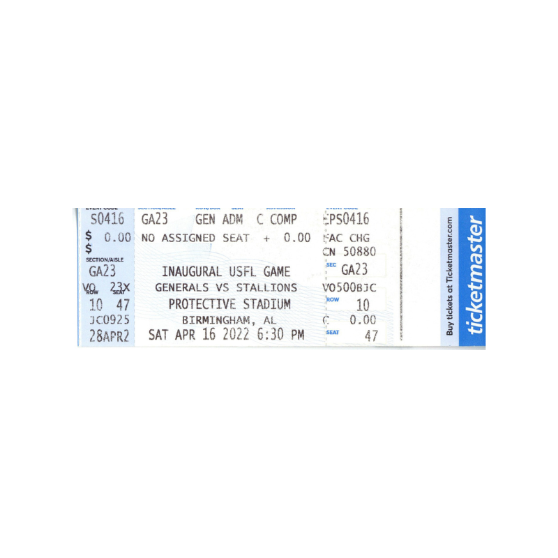 2022 USFL Inaugural Weekend 4/16/22 Game Ticket   New Jersey Generals vs Birmingham Stallions