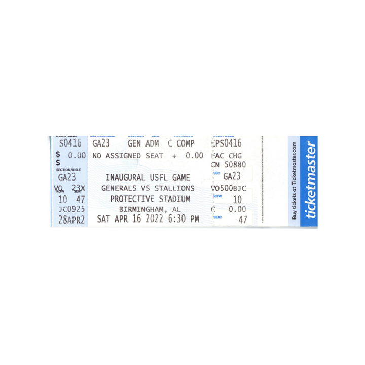 2022 USFL Inaugural Weekend 4/16/22 Game Ticket   New Jersey Generals vs Birmingham Stallions