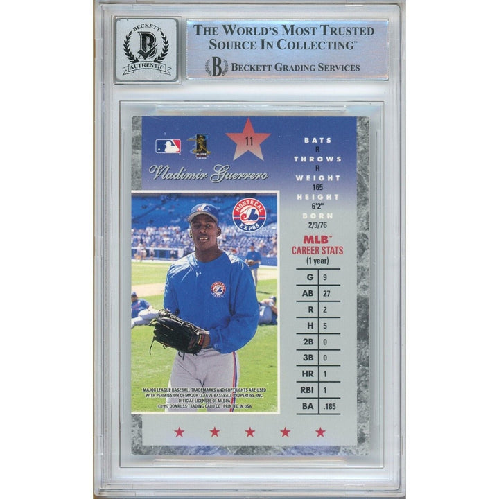 Baseballs- Autographed- Vladimir Guerrero Montreal Expos Signed 1997 Donruss Elite Rookie Trading Card Beckett Authentic BGS Auto-10 Graded Slab Back