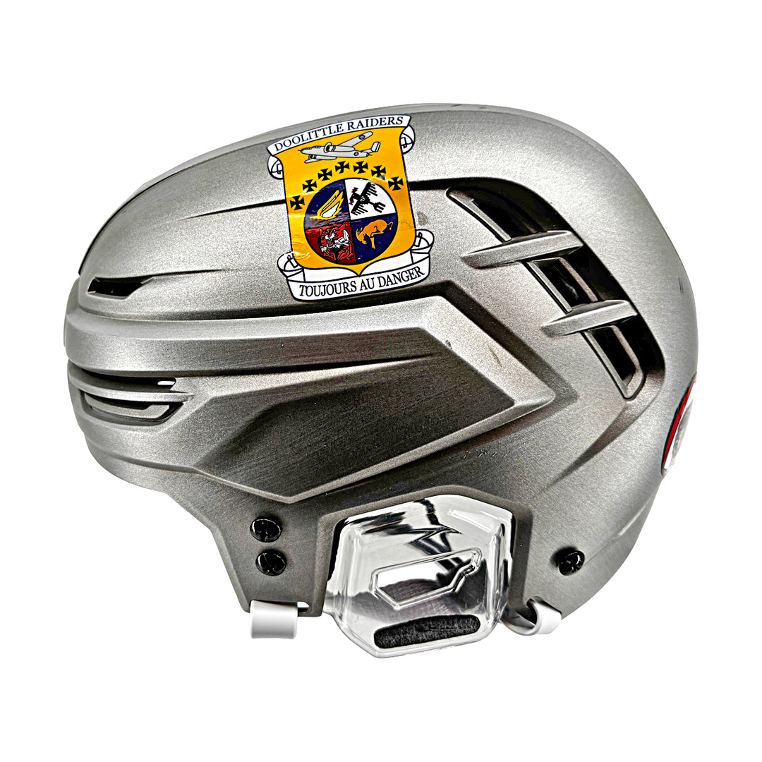 US Air Force Academy Game Used Doolittle Raiders Silver Hockey Helmet Size S