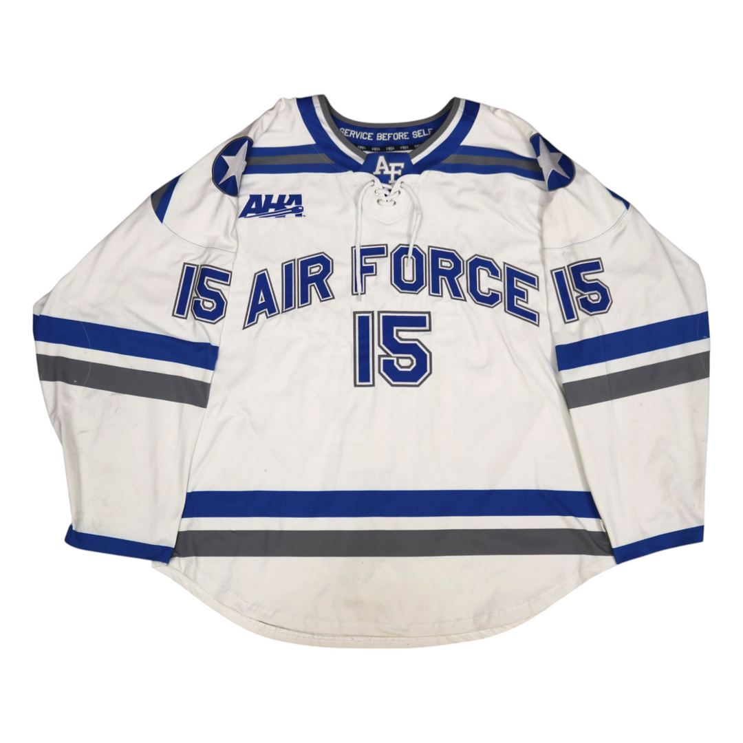 U.S. Air Force Academy Game Used #15 White AIR FORCE Home Hockey Jersey Size XL
