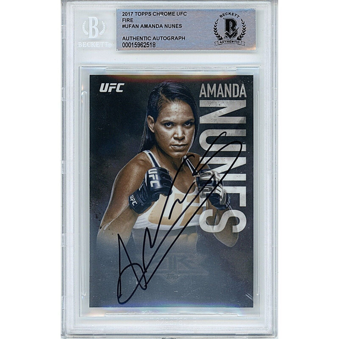 Amanda Nunes UFC Signed 2017 Topps Chrome Fire MMA Card Beckett Auth Auto Slab