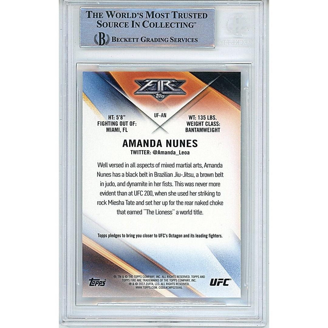 Amanda Nunes UFC Signed 2017 Topps Chrome Fire MMA Card Beckett Auth Auto Slab