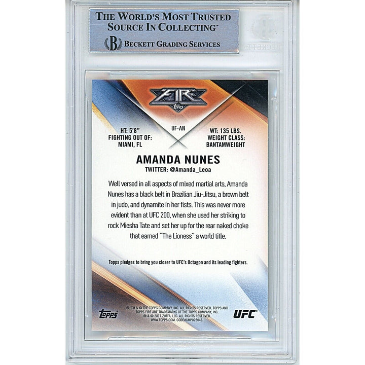 Amanda Nunes UFC Signed 2017 Topps Chrome Fire MMA Card Beckett Auth Auto Slab