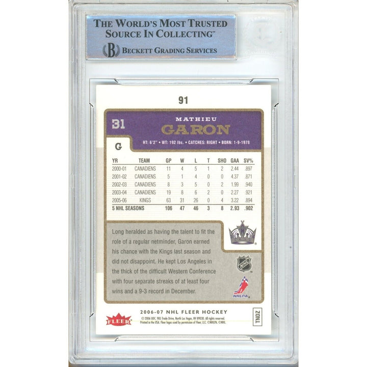 Mathieu Garon Los Angeles Kings Signed 2006-07 Fleer Hockey Card Beckett Auth Auto Slab