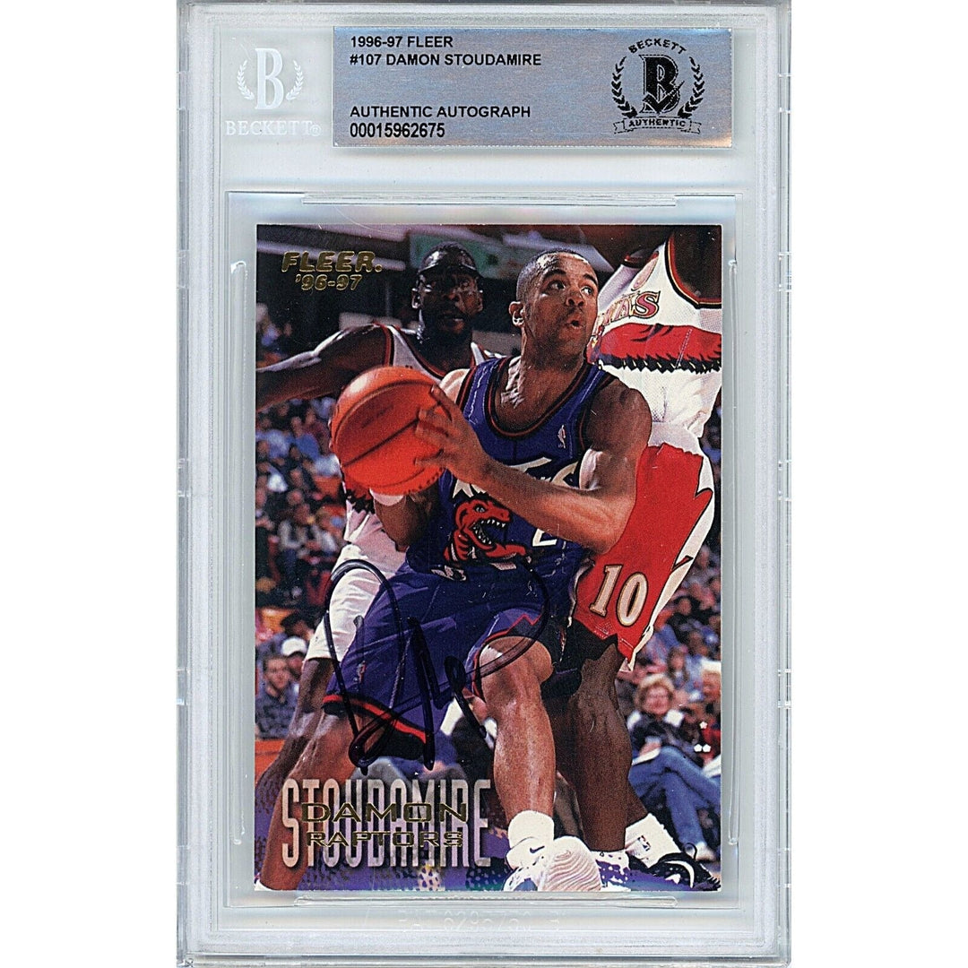 Damon Stoudamire Toronto Raptors Signed 1996 Fleer Basketball Card BAS Auth Auto Slab