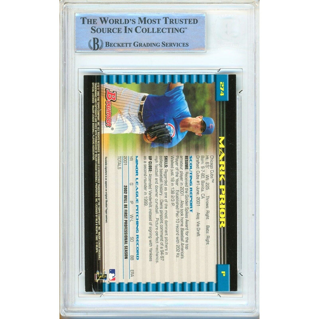 Mark Prior Chicago Cubs Signed 2002 Bowman Baseball Rookie Card Beckett Auth Auto Slab