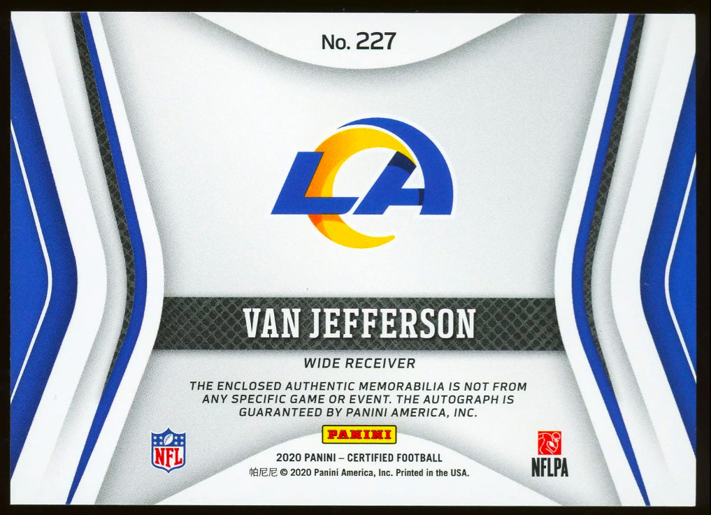 Van Jefferson 2020 Panini Certified Freshman Fabric RPA Rookie Jersey Relic Autograph Football Card #227  #286 of 449