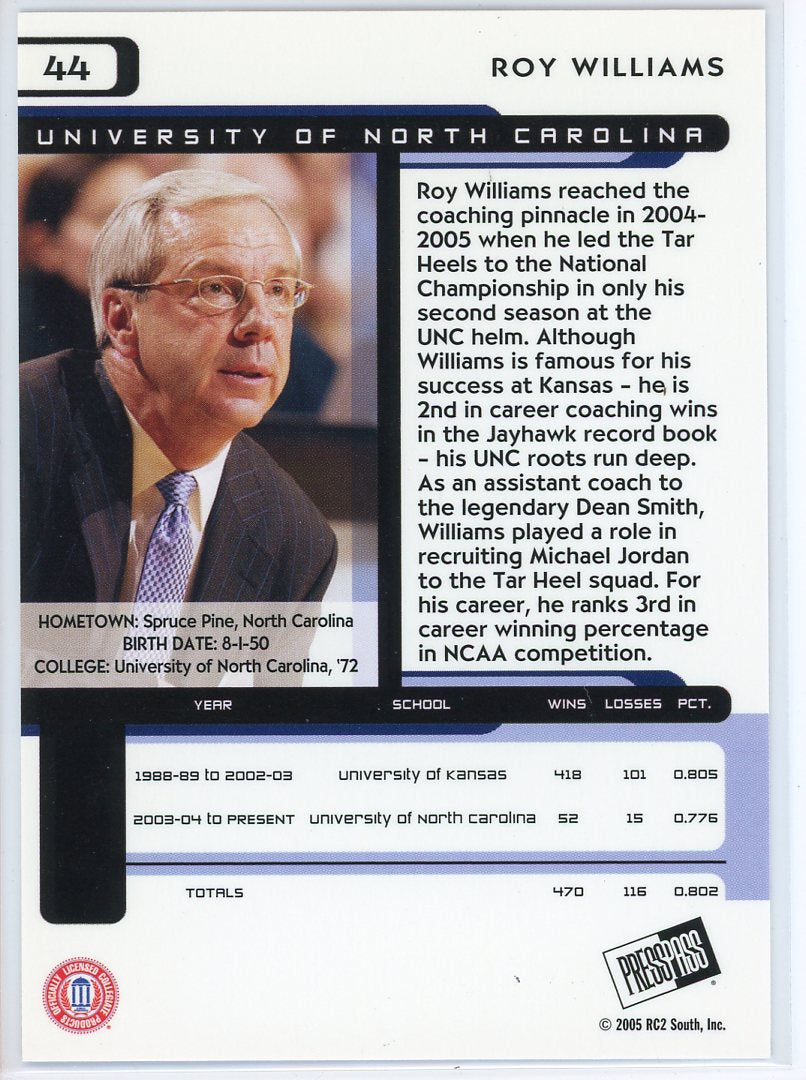 2005 Press Pass Roy Williams North Carolina Tarheels Card Signed Sticker Auto