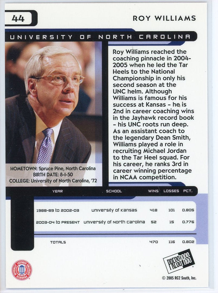 2005 Press Pass Roy Williams North Carolina Tarheels Card Signed Sticker Auto
