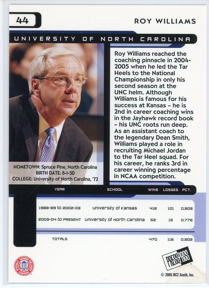 2005 Press Pass Roy Williams North Carolina Card Signed Sticker Auto Slightly Damaged