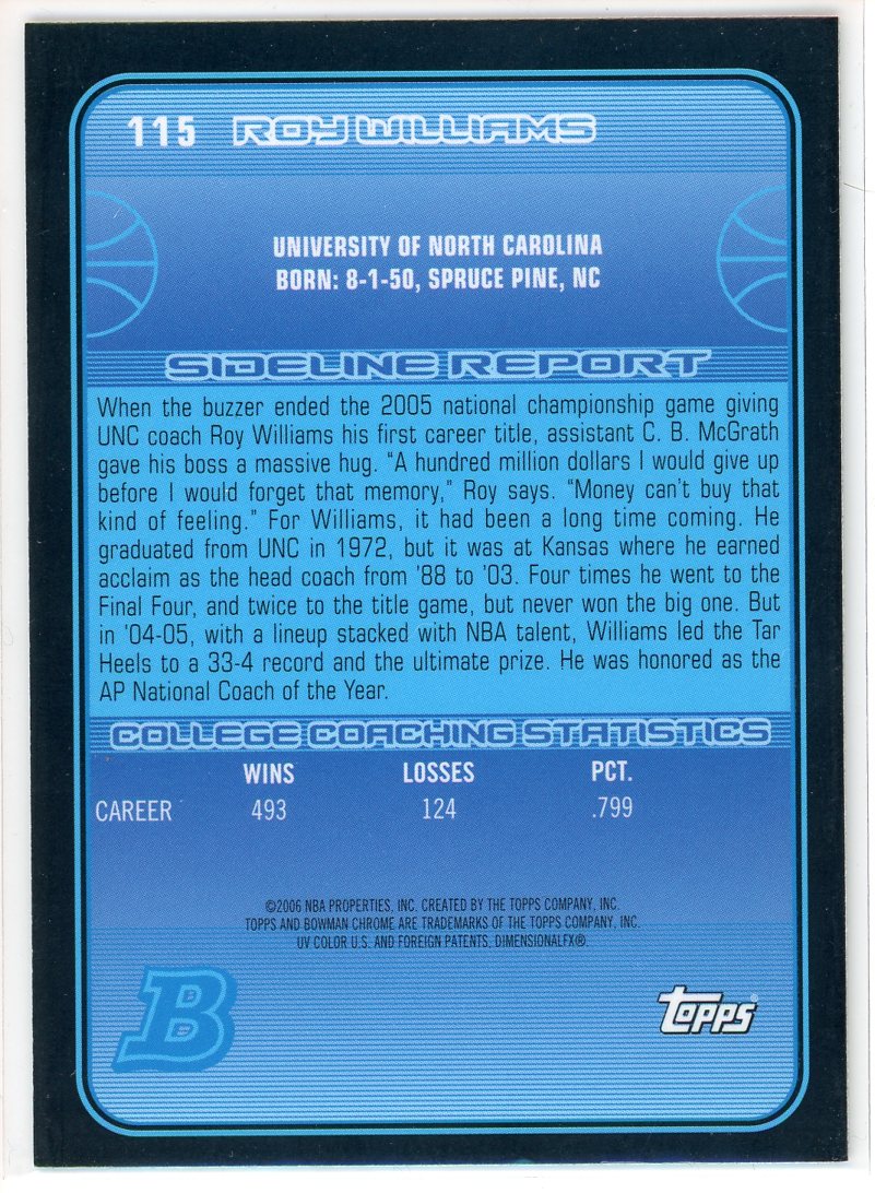 2006 Bowman Chrome Roy Williams North Carolina Tarheels Card Signed Sticker Auto