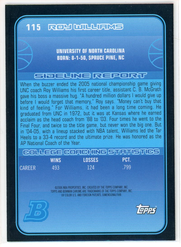 2006 Bowman Chrome Roy Williams North Carolina Tarheels Card Signed Sticker Auto
