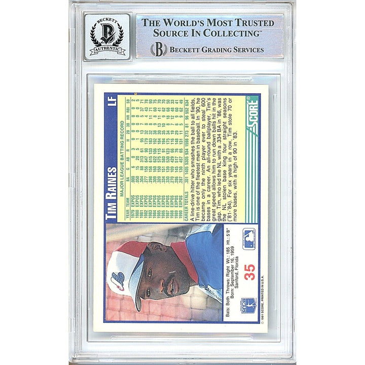 Baseballs- Autographed- Tim Raines Montreal Expos Signed 1991 Score Trading Card Beckett Authenticated BGS Auto-10 Graded Slab Back