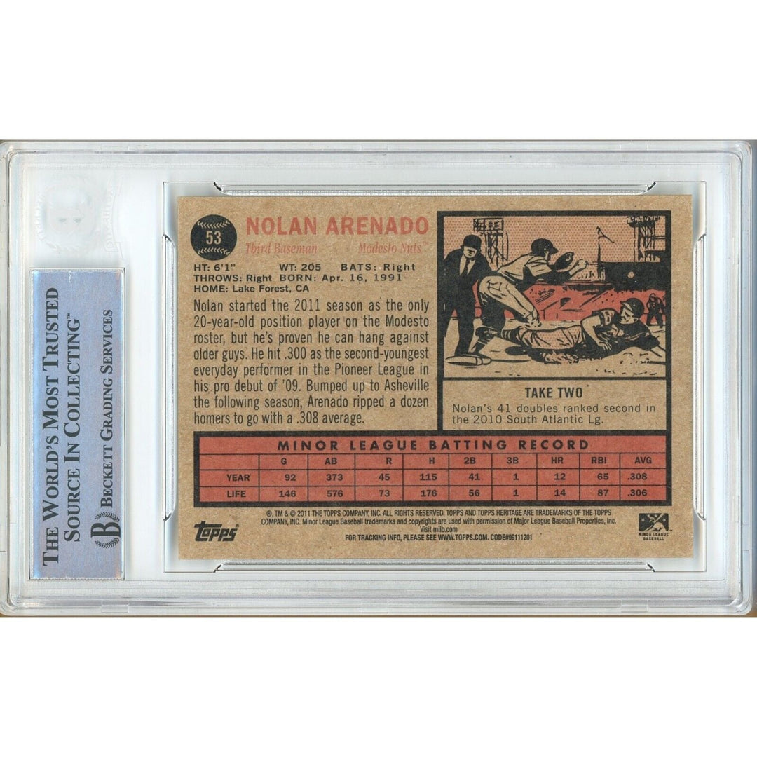 Nolan Arenado Signed 2011 Topps Heritage Minors Rookie Baseball Card BAS Auth Auto Slab