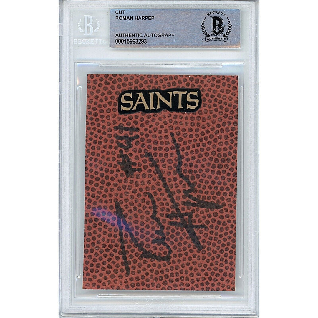 Footballs- Autographed- Roman Harper New Orleans Saints Signed Football Signature Cut Beckett Authentic Auto Slab Front