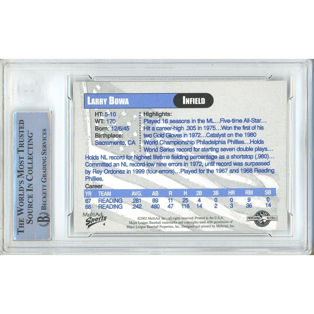 Larry Bowa Phillies Signed 2002 Reading Phils Legends Baseball Card Beckett Auth Auto Slab