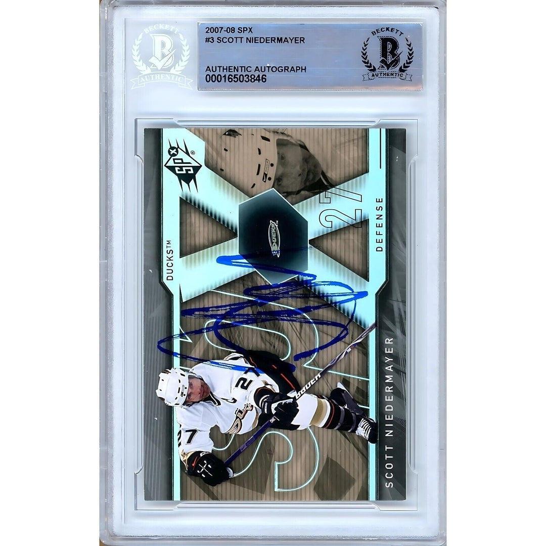 Hockey- Autographed- Scott Niedermayer Anaheim Mighty Ducks Signed 2007-08 Upper Deck SPx Trading Card Beckett Authentic Auto Slab Front