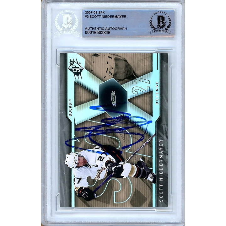 Hockey- Autographed- Scott Niedermayer Anaheim Mighty Ducks Signed 2007-08 Upper Deck SPx Trading Card Beckett Authentic Auto Slab Front