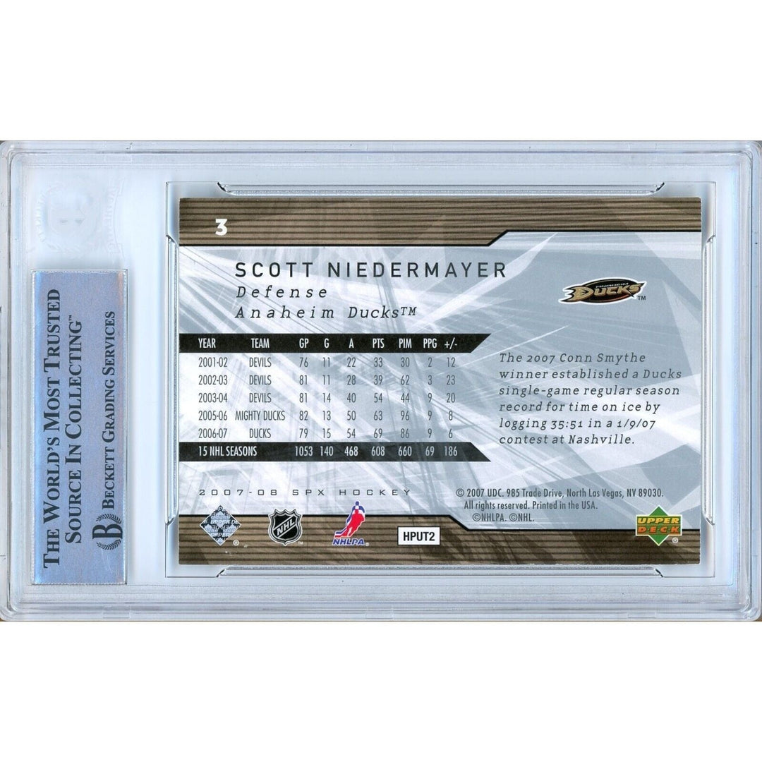 Hockey- Autographed- Scott Niedermayer Anaheim Ducks Signed 2007-08 Upper Deck SPx Trading Card Beckett Authentic Auto Slab Back