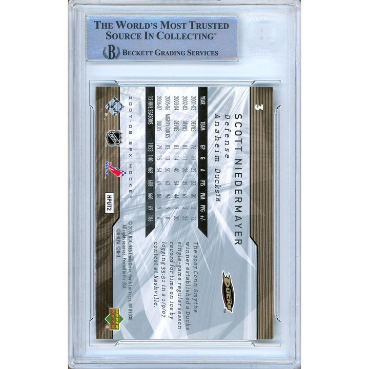 Hockey- Autographed- Scott Niedermayer Anaheim Mighty Ducks Signed 2007-08 Upper Deck SPx Trading Card Beckett Authentic Auto Slab Back