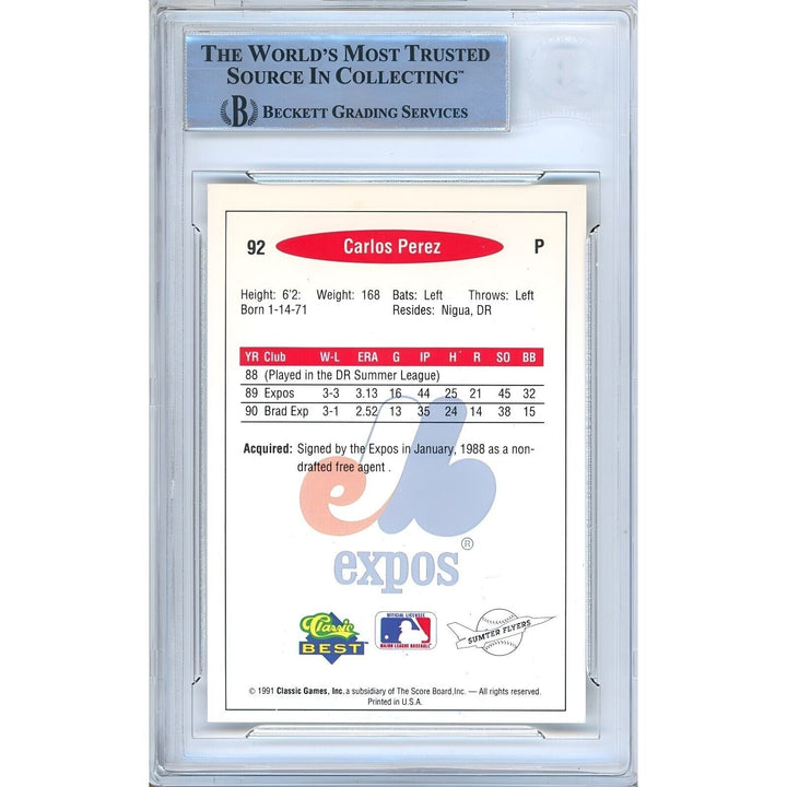 Carlos Perez Montreal Expos Signed 1991 Classic Best Baseball Card Beckett Auth Auto Slab