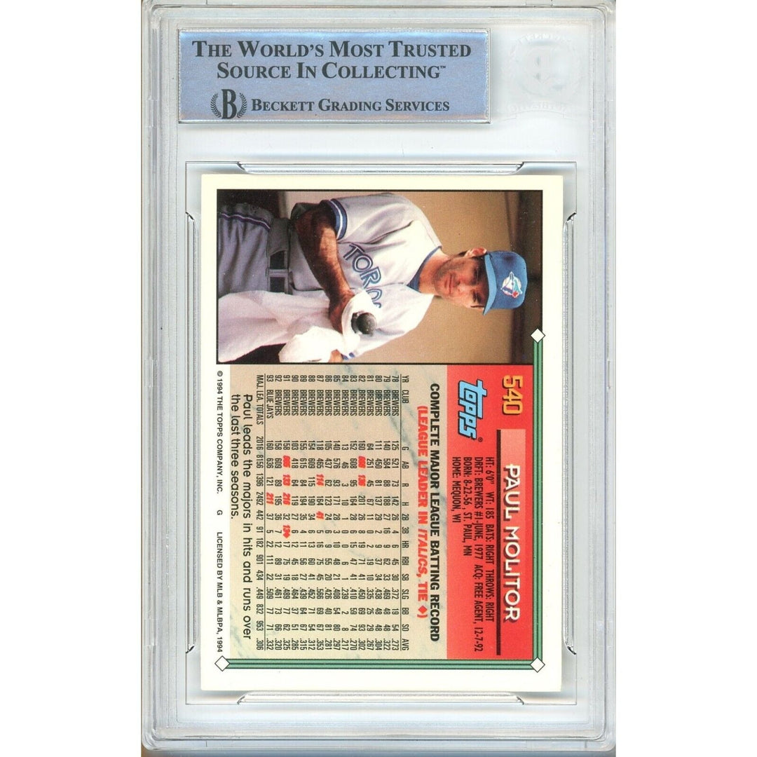 Paul Molitor Toronto Blue Jays Signed 1994 Topps Gold Baseball Card BAS Auth Auto Slab